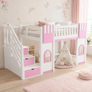 Letto a soppalco 90x200 cm con scala contenitore, bianco/rosa
