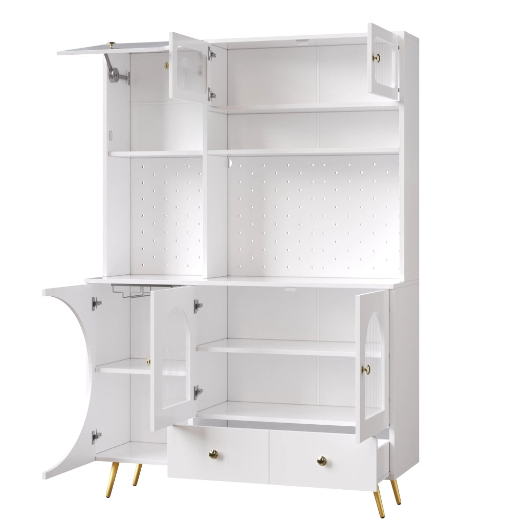 Credenza alta 120x40x176 cm con LED; presa integrata e ripiani in MDF; vetro e metallo bianco
