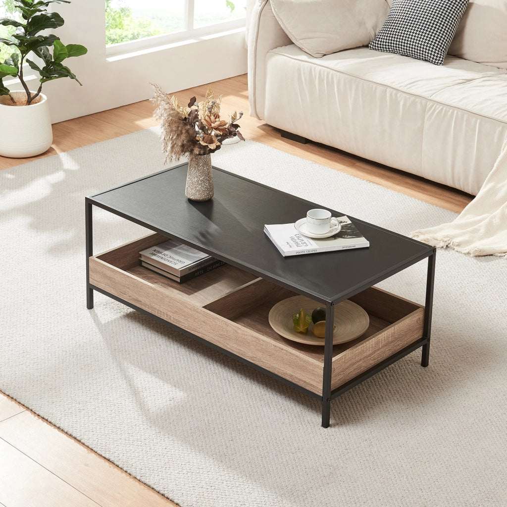 Tavolino da Salotto Belana con 2 Scomparti Aperti 100 x 48 x 39 cm - Nero/Effetto Rovere [en.casa]