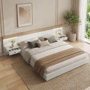 Letto matrimoniale 160x200 cm con 2 comodini LED, presa USB/USB-C, effetto sospeso, colore Sonoma quercia/bianco