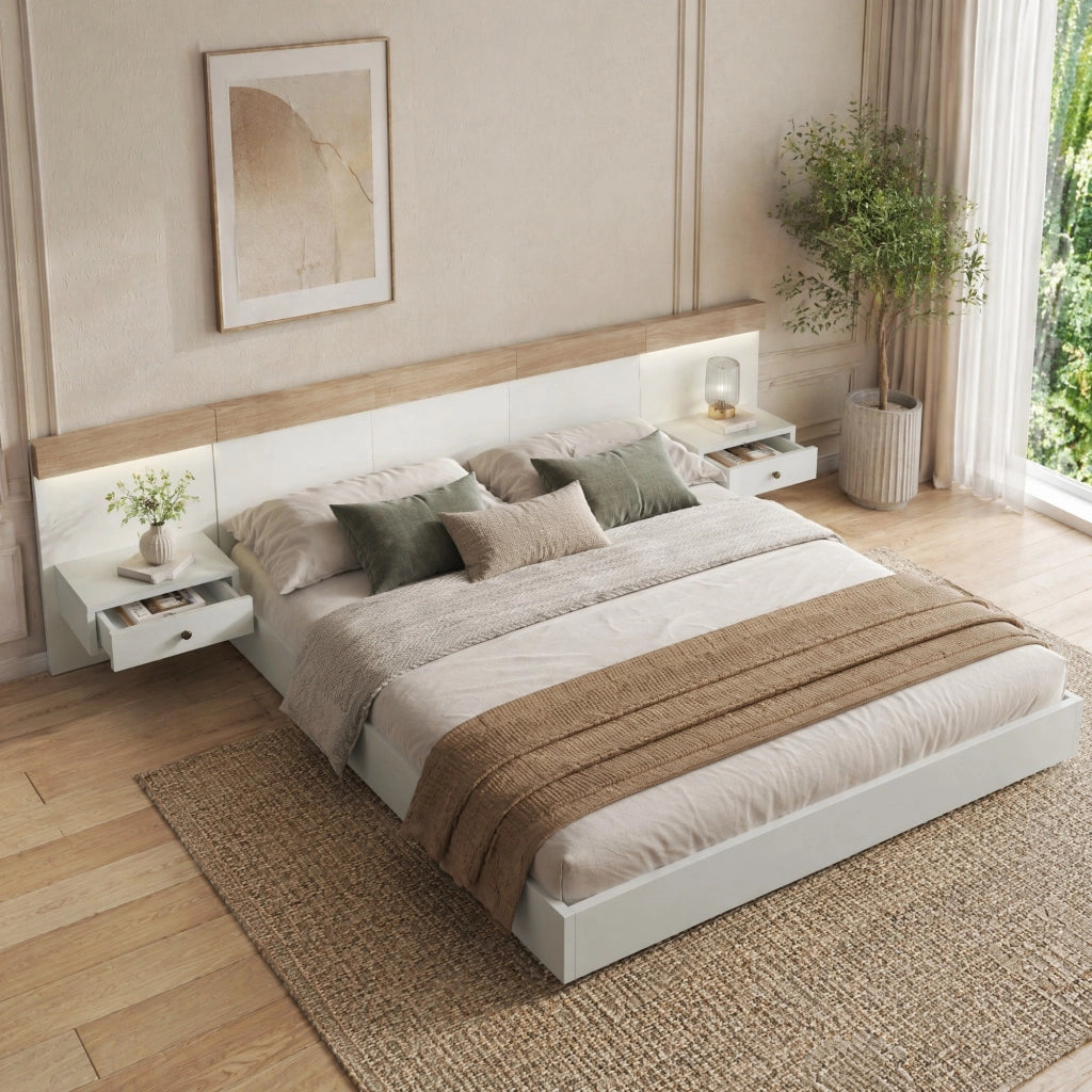 Letto matrimoniale 160x200 cm con 2 comodini LED, presa USB/USB-C, effetto sospeso, colore Sonoma quercia/bianco