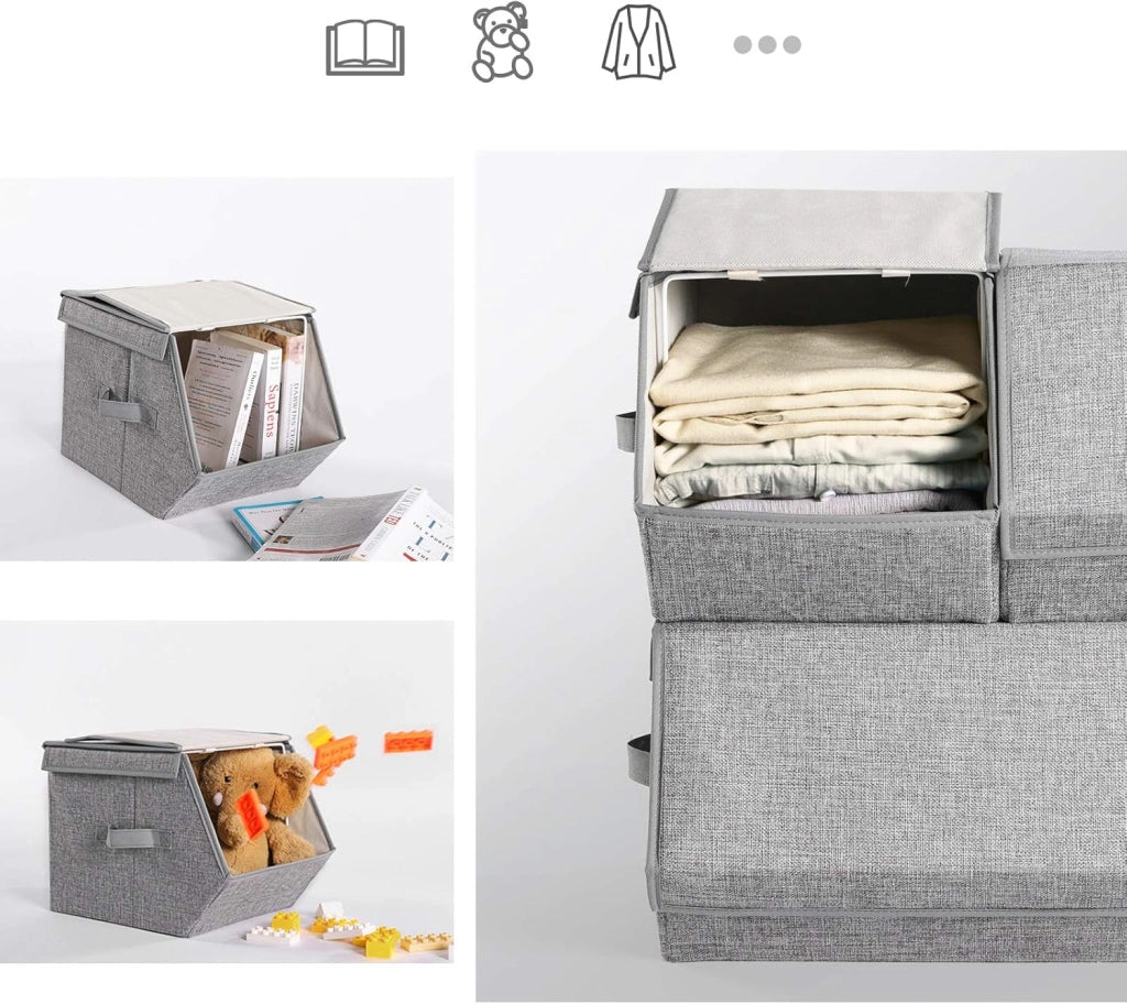 SONGMICS Scatole Portaoggetti Impilabili, Set di 3 Contenitori con Coperchio, Cornice di Metallo, Chiusura Magnetica, per Vestiti Giocattoli Libri, Grigio RLB12GY