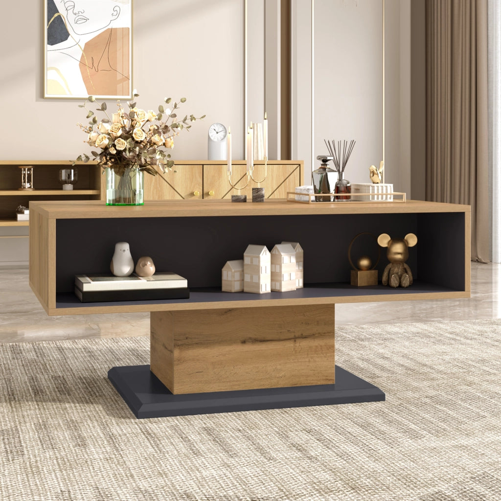 Tavolino da Salotto con Contenitore Bifacciale e Vano Interno; Design Moderno; in Truciolato; Grigio Rovere