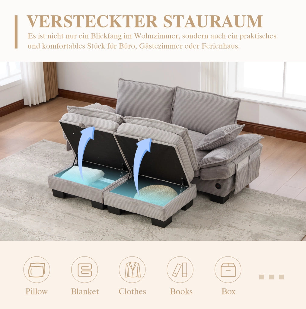 Divano 2 posti modulare in velluto a coste grigio chiaro con 2 pouf, schiuma ad alta densità e porta USB-C