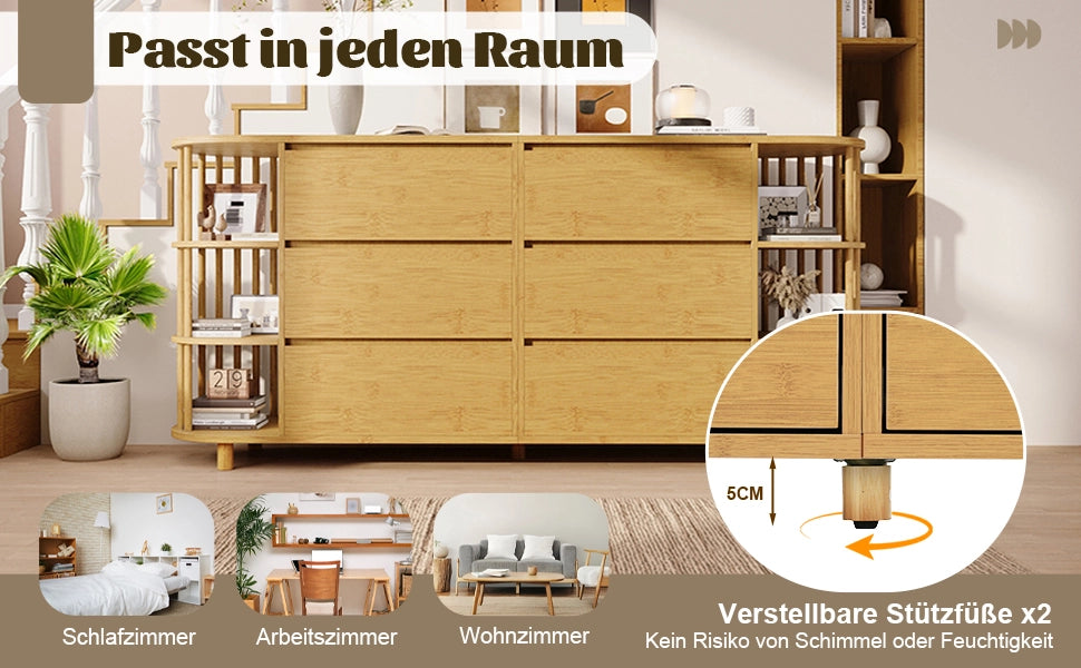 Cassettiera Sideboard con Ripiani in Bamb¨´ e Colonne ¨C MINIMAL ¨C Rovere, 6 Cassetti, 160x75x40 cm