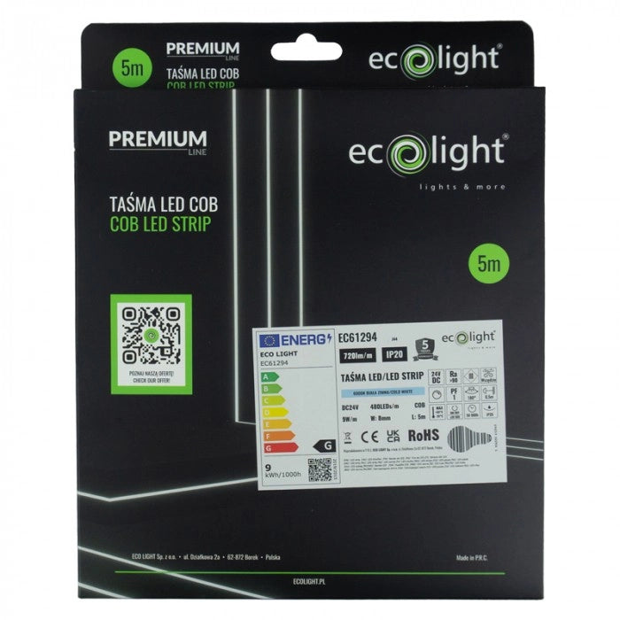 Striscia LED COB 480 24V 9W/m 6000K 5m IP20 taglio libero