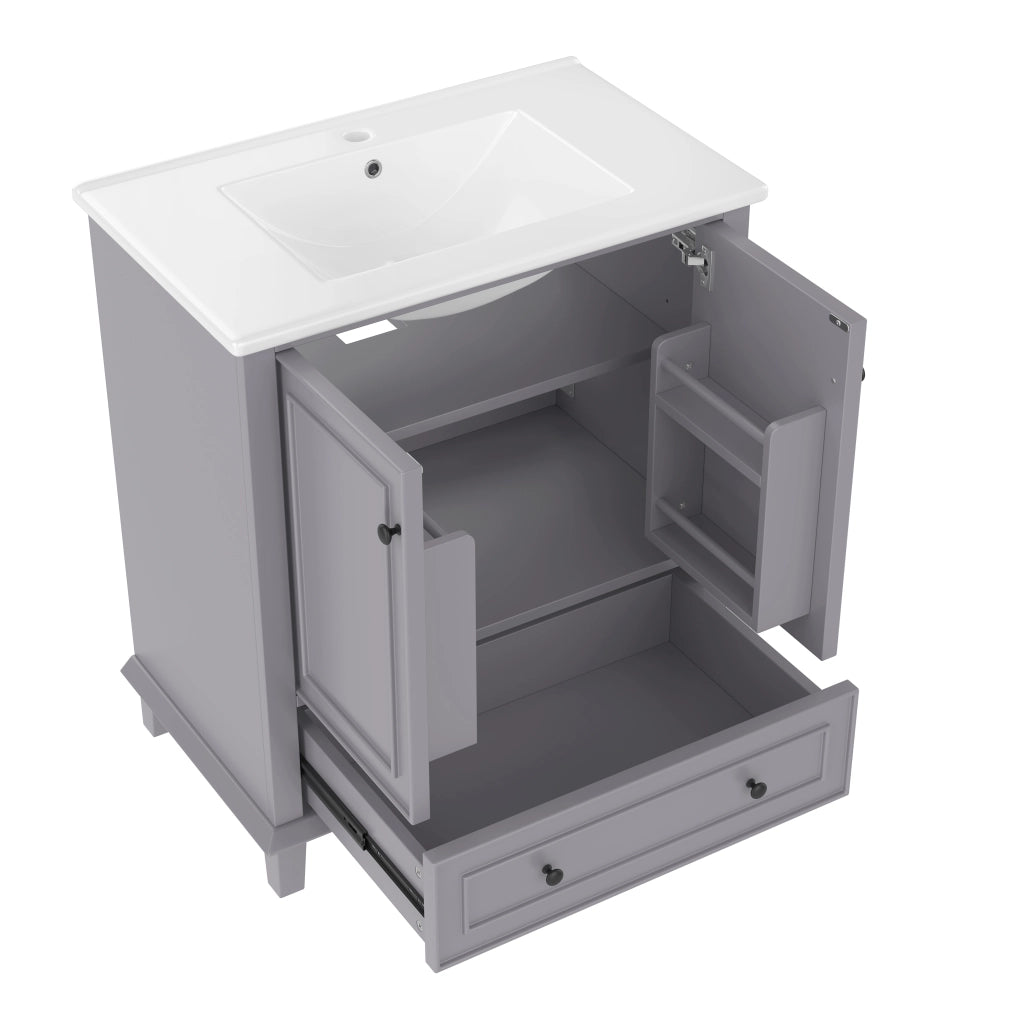 Armadietto da bagno con lavabo in ceramica, 2 ante e 1 cassetto, per bagno, in MDF e ceramica, grigio, 76 × 46 × 87 cm