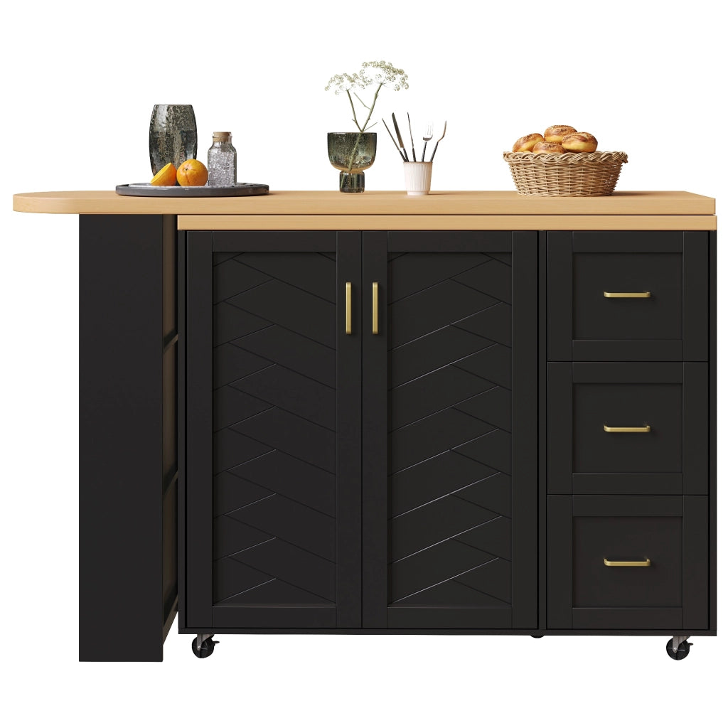 Carrello Bar Allungabile con 2 Ante e 3 Cassetti ¨C MINIMAL ¨C Bianco/Nero, Piano in Legno, 135-228x39x104 cm