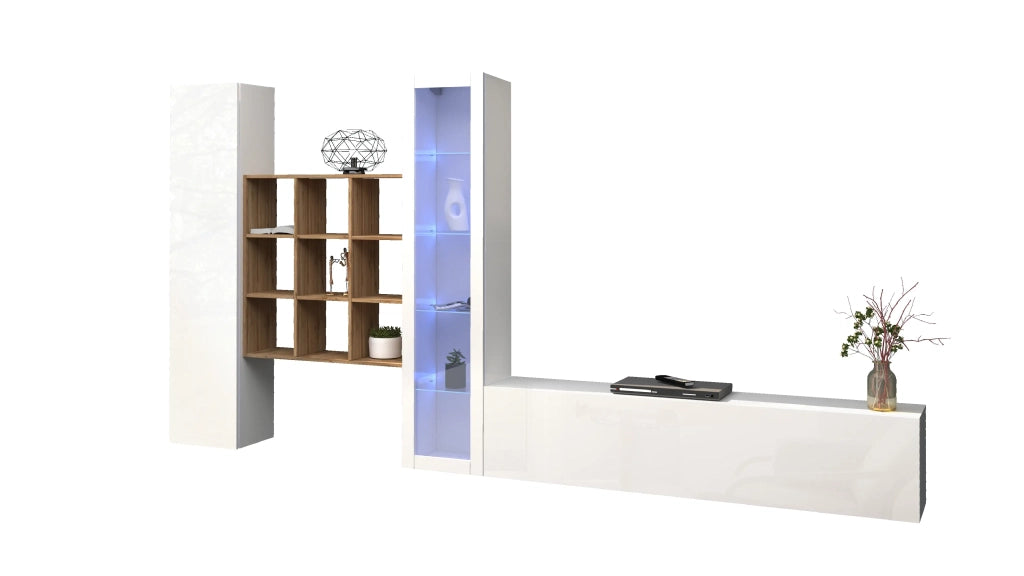 Parete attrezzata bianca mobile TV vetrina armadio libreria Ranil WH