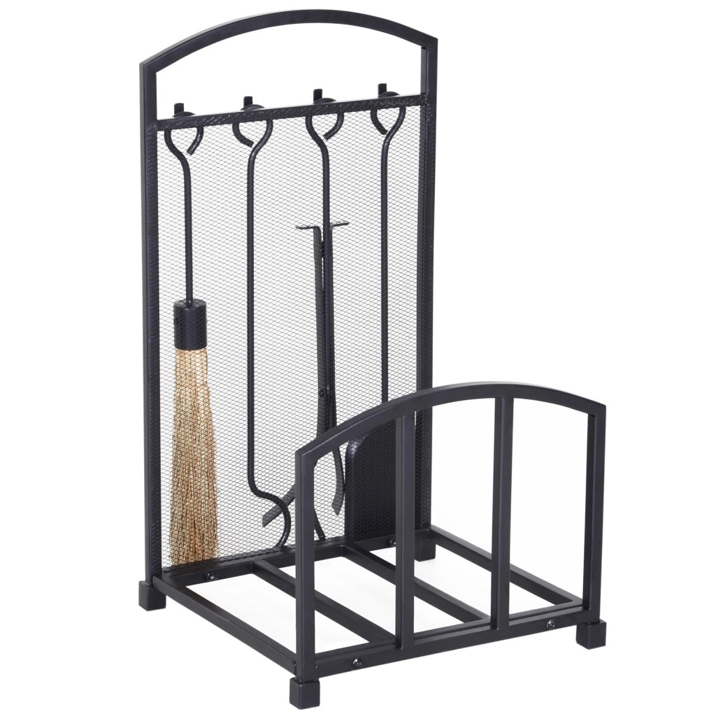 EasyComfort Portalegna da Interno ed Esterno in Metallo con Ganci e 4 Attrezzi Inclusi, 39x39x68cm, Nero
