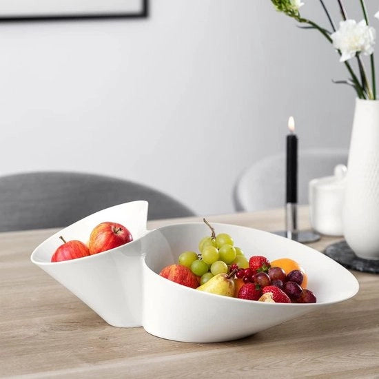 Servizio da frutta e snack in porcellana bianca a doppia ciotola - compatibile con lavastoviglie e forno a microonde
