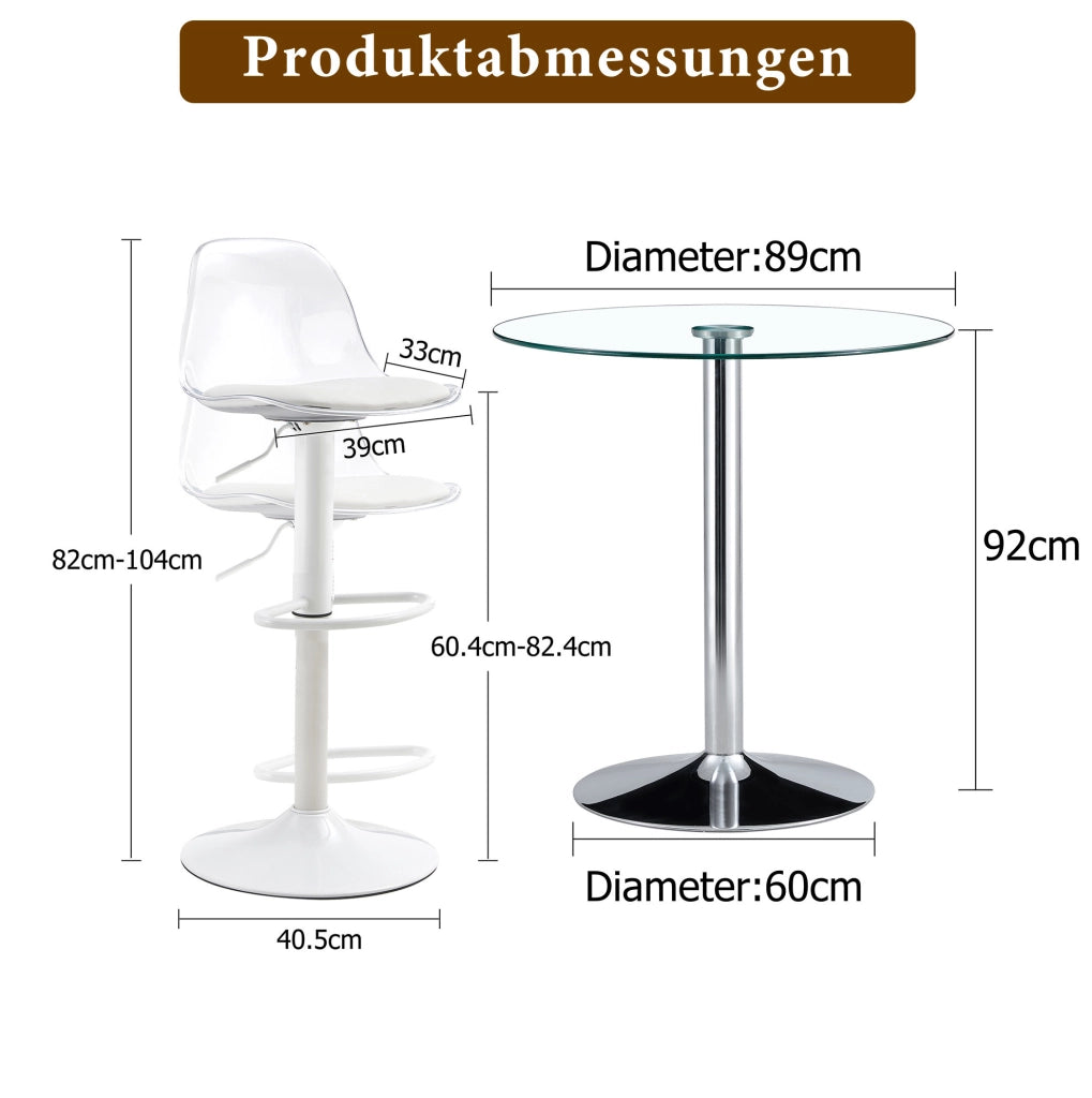 Set tavolo bar 89 cm in vetro trasparente e metallo, 2 sgabelli, per 2