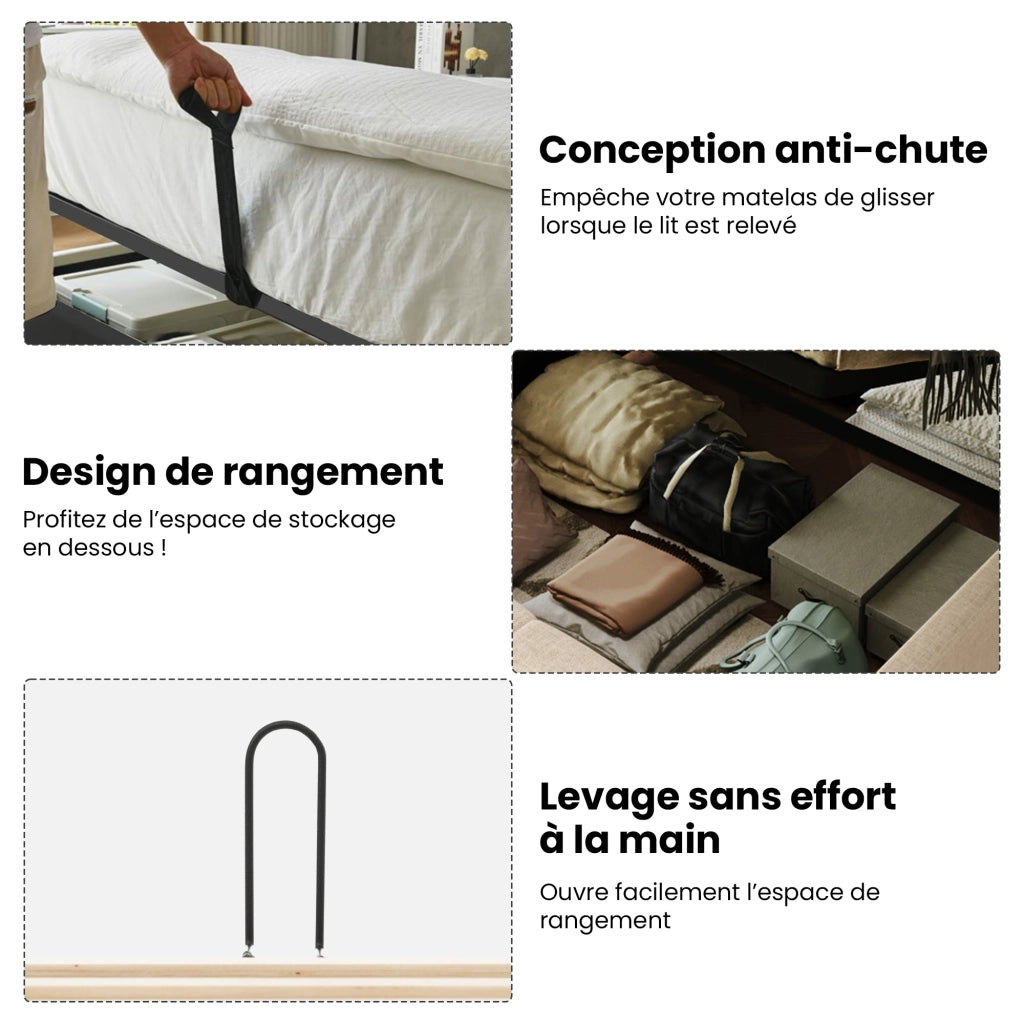 Letto Contenitore Letto Matrimoniale 160 x 200 cm con USB; Type-C e LED regolabile; senza Materasso; Lino Beige