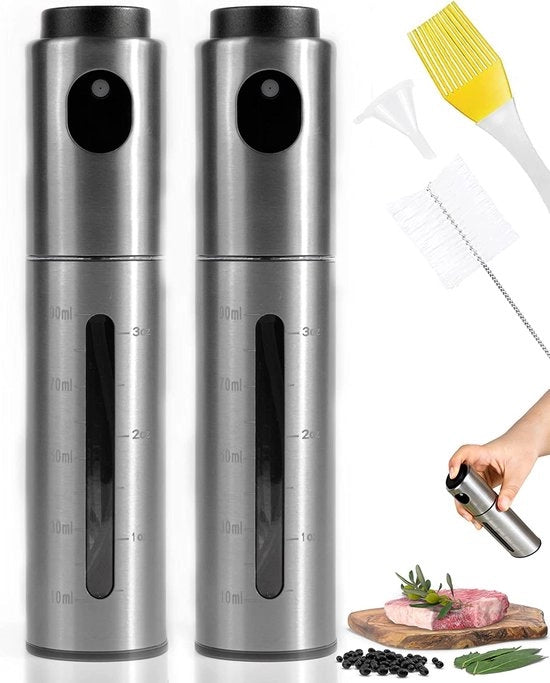 Set di spruzzatori di olio in acciaio inossidabile, composto da 2 pezzi, flaconi di olio spray precisi e impenetrabili per cucinare, cuocere, grigliare, spray di olio elegante con imbuto, spazzola di pulizia e spazzola per padella
