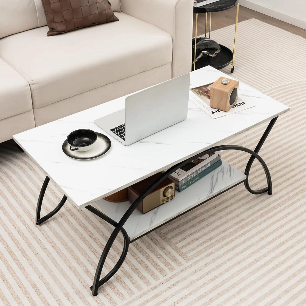 Tavolino da Caffè Oro, Tavolo da Salotto con Gambe in Metallo, Tavolino con Effetto Marmo per Soggiorno, Studio, Camera,110 x 50 x 46 cm (Bianco+Nero)
