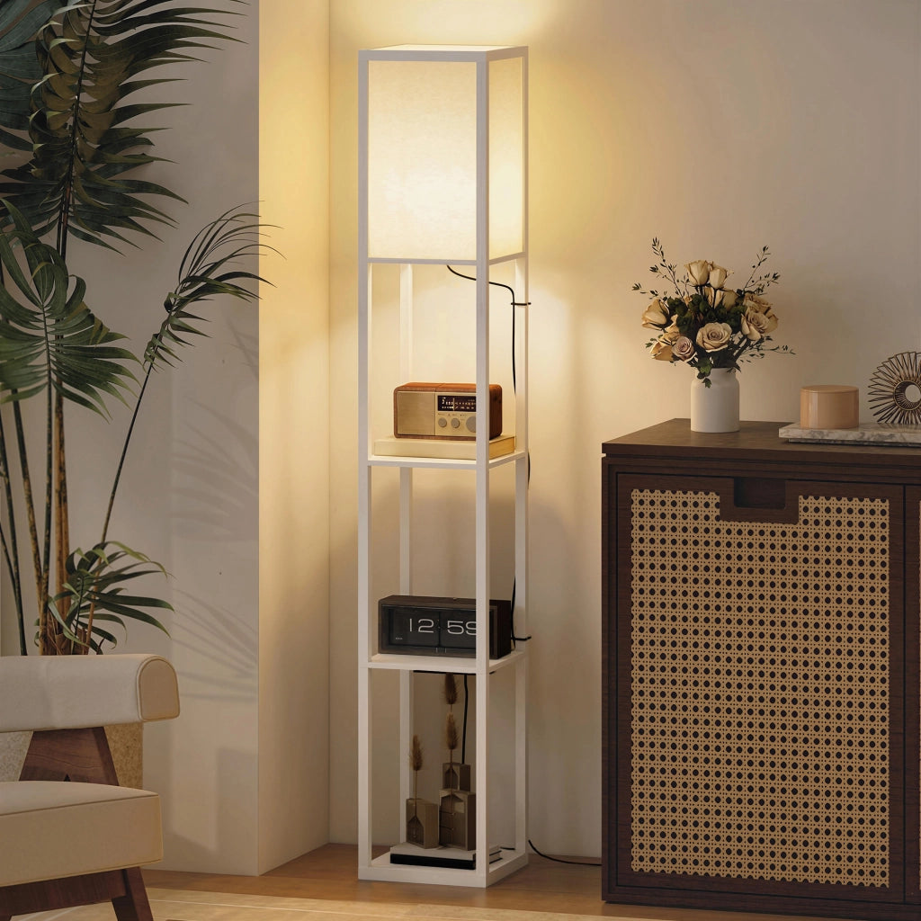 Lampada da Terra con Ripiani ¨C Xylo ¨C Luce Regolabile, USB, Interruttore a Pedale, Bianco