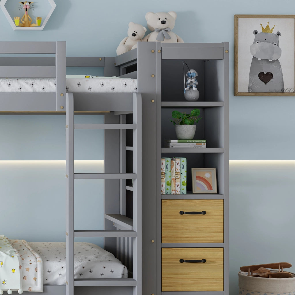Letto a castello grigio in legno 90x200 cm con cassetti, scaletta e comodino mobile