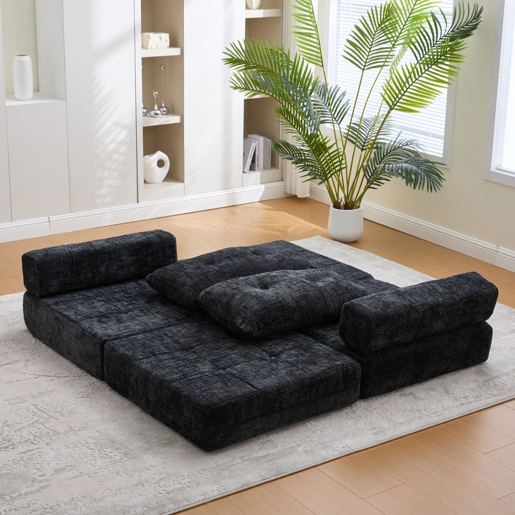 Divano Letto Pieghevole con Schienale e Cuscini Testa e Lombare; in Ciniglia Nero; 79 × 79 × 57 cm
