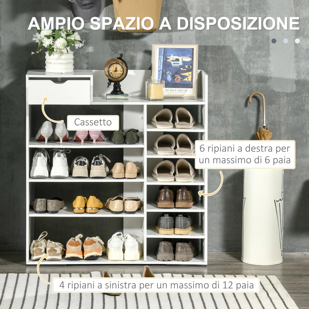 Easycomfort Mobile Scarpiera Salvaspazio con Ripiani e Cassetto per 12 Scarpe, 88x30x93cm, Bianco