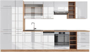 Cucina componibile Fame-Line, Bianco lucido/oro power oak, 355 cm senza piano di lavoro, adatto per l'espansione personalizzata con moduli aggiuntivi