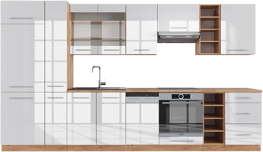 Cucina componibile Fame-Line, Bianco lucido/oro power oak, 355 cm senza piano di lavoro, adatto per l'espansione personalizzata con moduli aggiuntivi