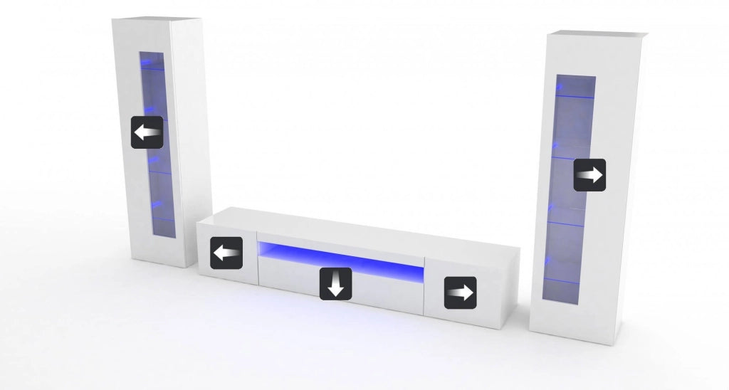 Parete attrezzata da soggiorno Aslhey, Made in Italy, Mobile porta TV, Set salotto moderno, cm 300x40h162, Bianco lucido, con luce LED blu