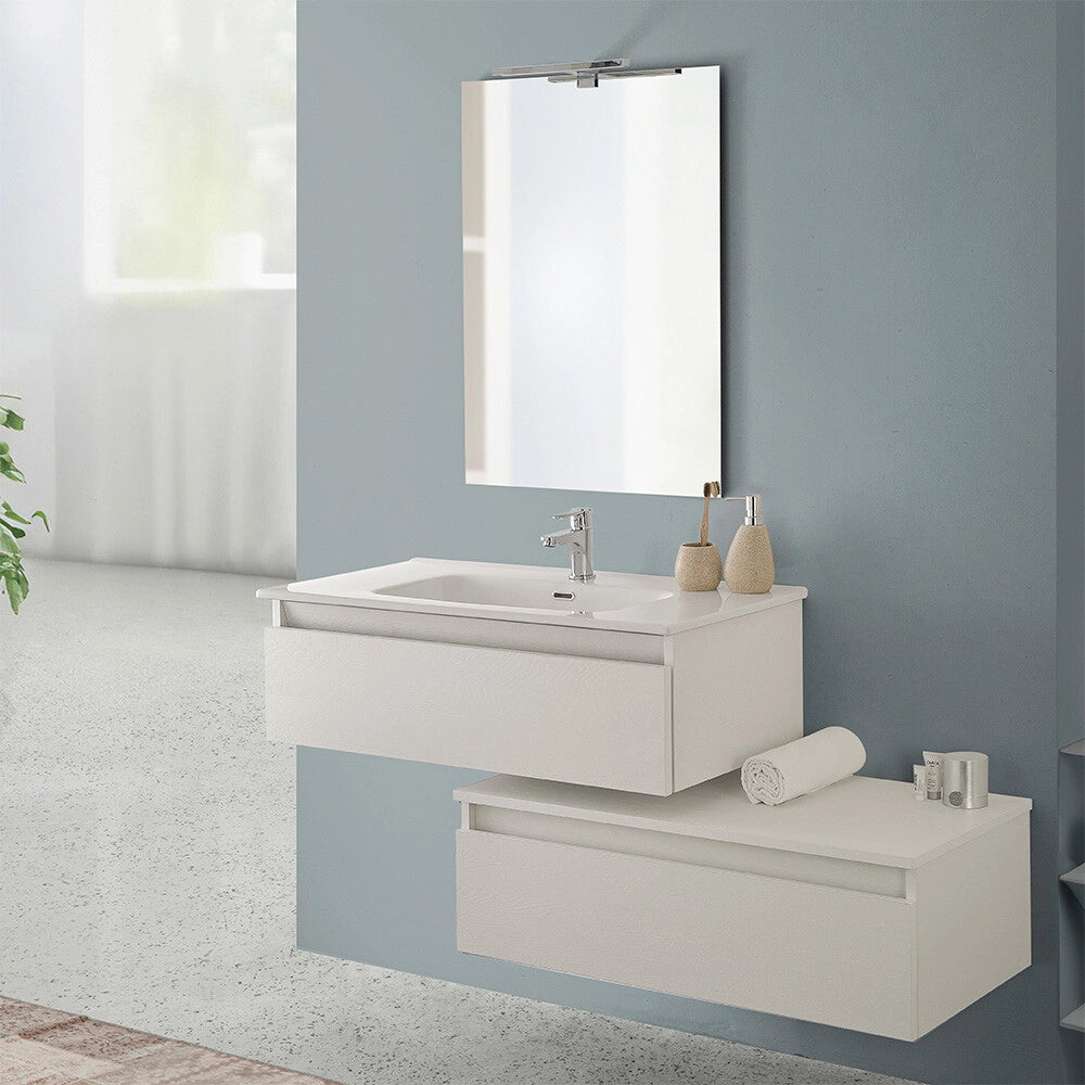 Mobile bagno sospeso 90 cm rovere bianco con base lavabo e cassetto Nadia