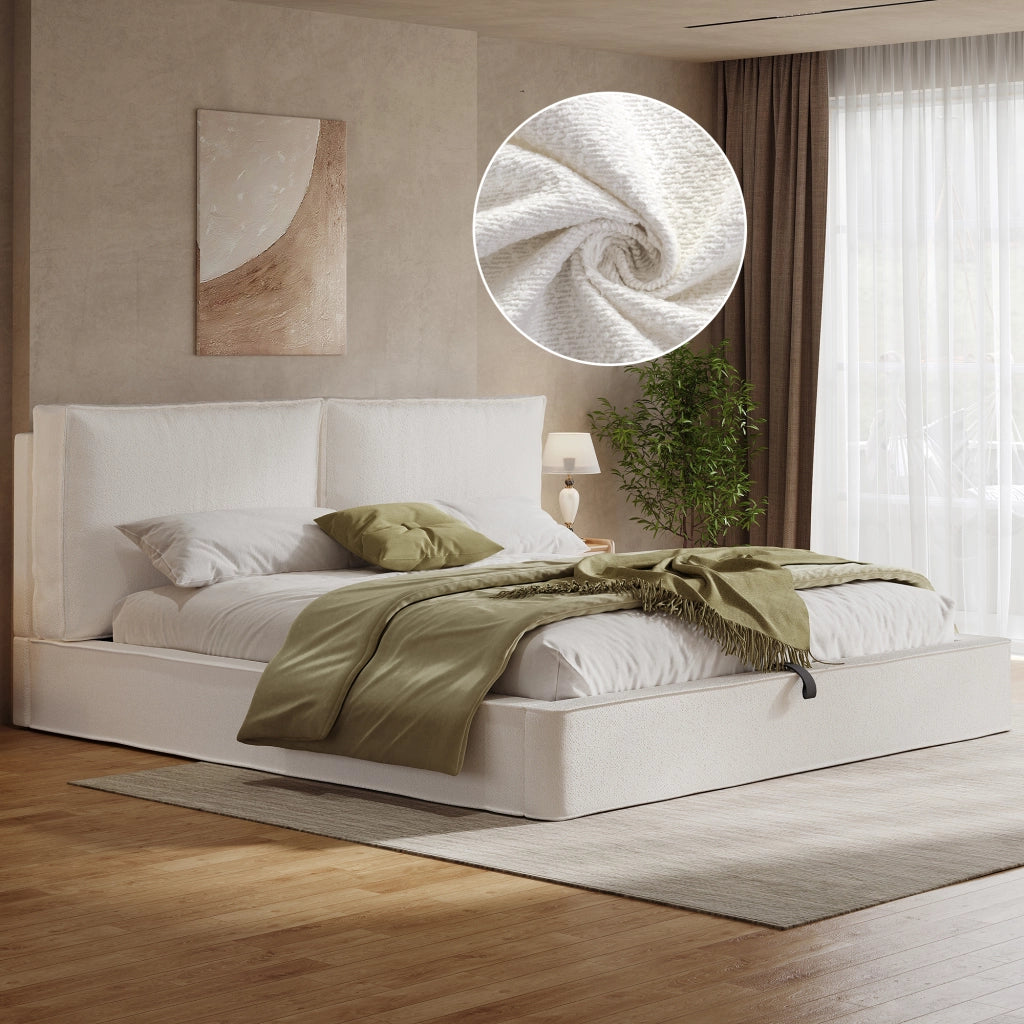 Letto matrimoniale contenitore 180 × 200 cm con vano salvaspazio e testiera imbottita, senza materasso, bouclé beige