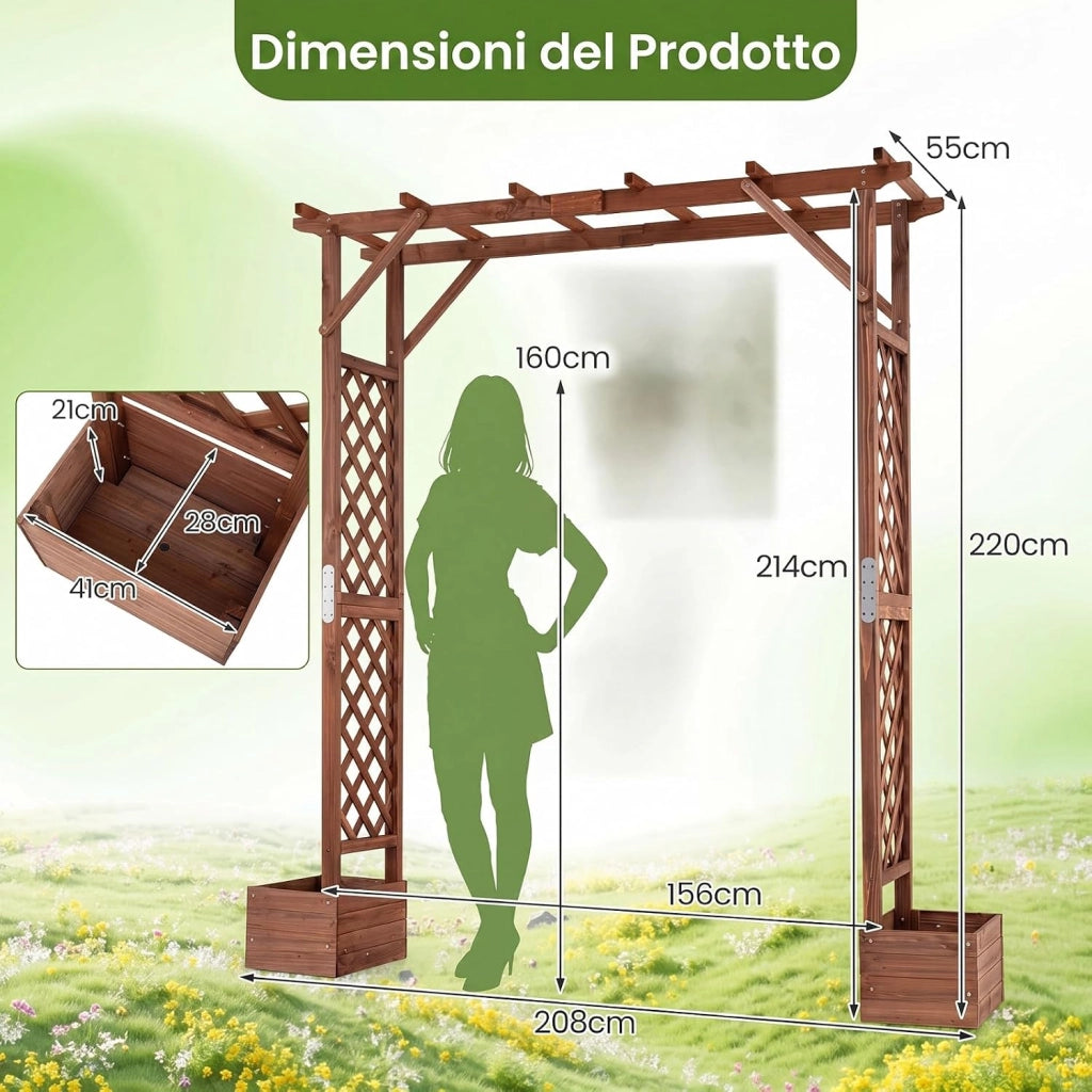 Arco da Giardino con 2 Fioriere, Pergola Esterno per Rampicanti | Pergolato Decorativo in Legno con 2 Grigliati e Tettuccio, per Matrimonio e Feste, 208 x 55 x 220 cm