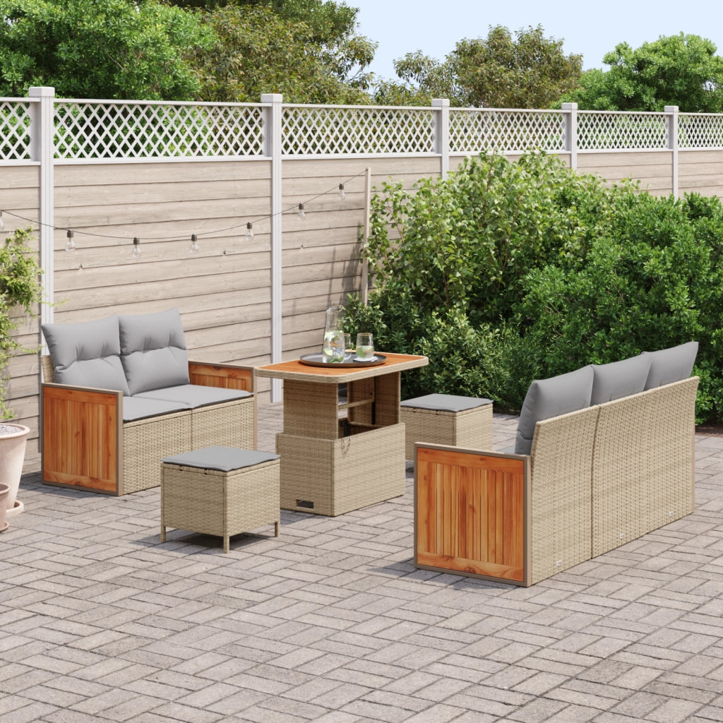 Set di Divani da Giardino da 8 Pezzi con Cuscini Beige Polyrattan Acacia