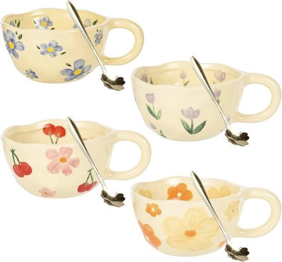 Set di 4 Caffè - Disegno Fiorale - Tazze da 250 ml con Cucchiaio per Espresso e Cappuccino | Tazze Creativi in Ceramica | Resistenti a Microonde e Lavastoviglie | Regalo per Natale e Compleanno (Blu/Verde/Viola)
