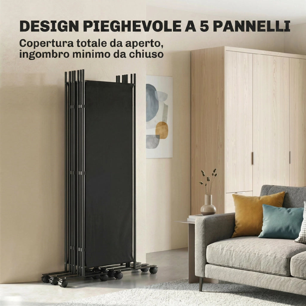 Divisorio Decorativo da Interno a 5 Pannelli in Acciaio. con 12 Ruote e Clip di Connessione. Nero