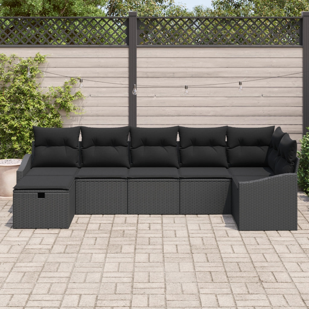 Set Divano Giardino 7 Pezzi con Cuscini Nero Polyrattan