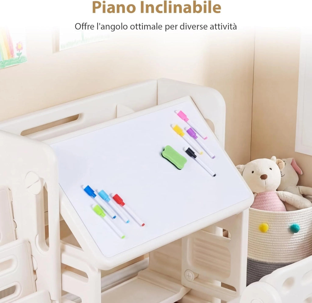 Set Tavolo e Sedia per Bambini 3+ Anni, Tavolino per Bambini con Scaffali Laterali e Cestini Portaoggetti, Piano Inclinabile e Lavagna Cancellabile, Tavolino e Sedie per Cameretta Ragazzi