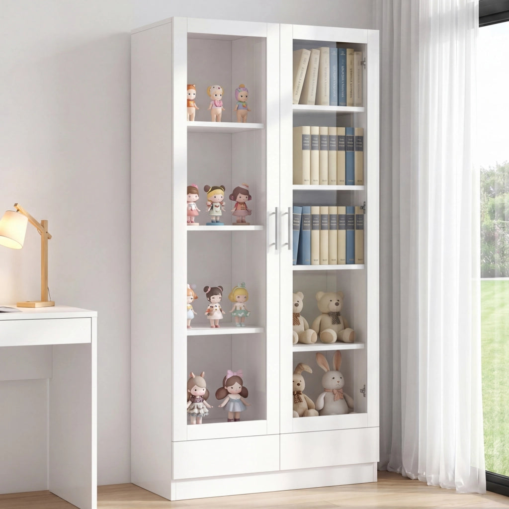 Vetrina con 2 cassetti e 9 vani; vetro temperato - per soggiorno - 80×40×160 cm - bianco