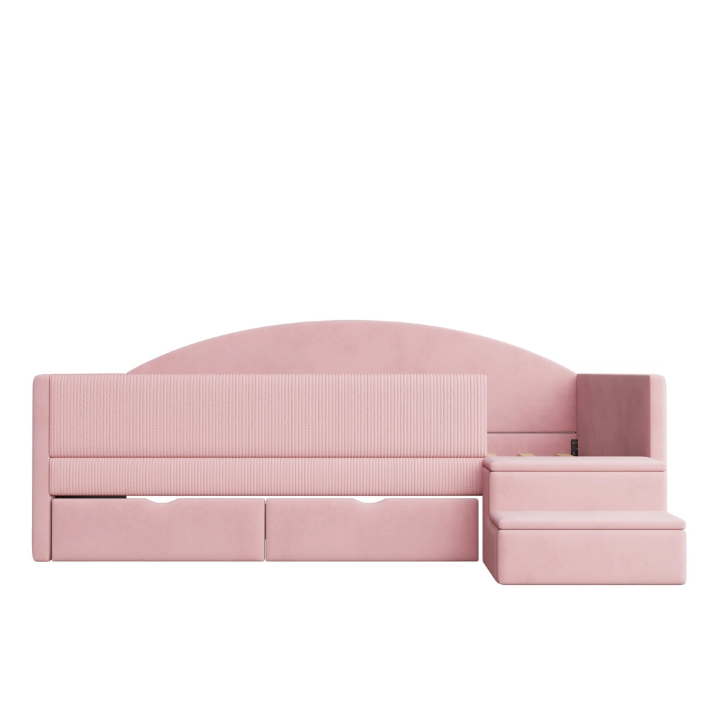 LETTO imbottito 90x190 cm Rosa con 2 cassetti e scaletta
