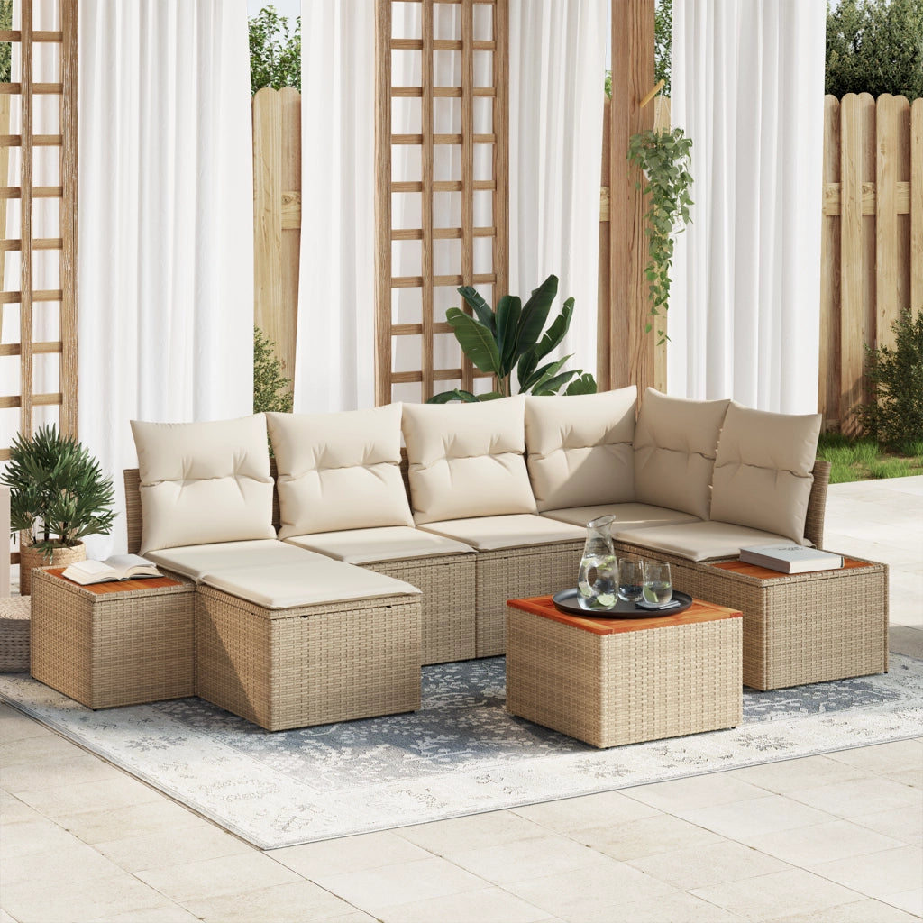 Set Divano da Giardino di 7 Pezzi con Cuscini Beige Rattan Polietilene Acacia