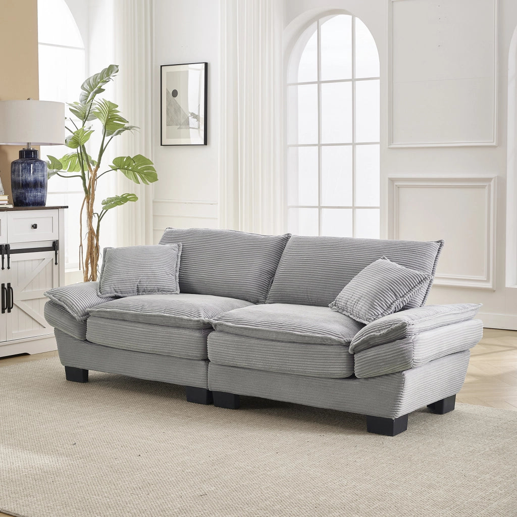 Divano 2 Posti con Seduta Extra Profonda, Braccioli Imbottiti e 2 Cuscini, in Velluto Grigio Chiaro 224 × 81 × 81 cm