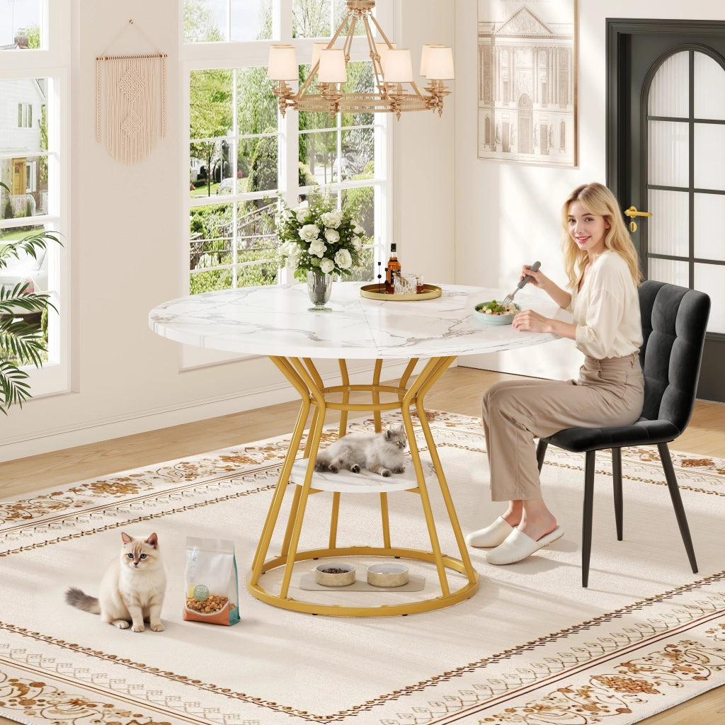 Tavolo da Pranzo Rotondo ¨C MINIMAL ¨C Piano Effetto Marmo, Gambe in Metallo Nero/Oro