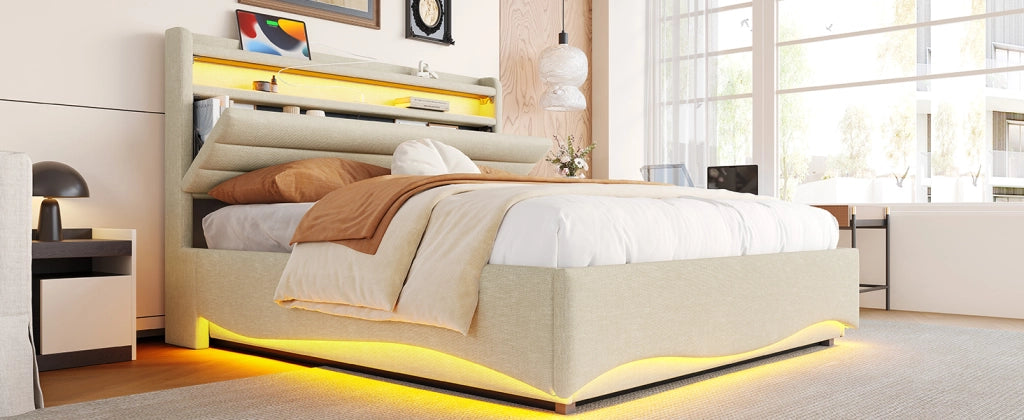 DESMIU Letto contenitore 140 × 200 cm 2 posti con LED regolabile, USB, USB-C e vano, senza materasso, beige