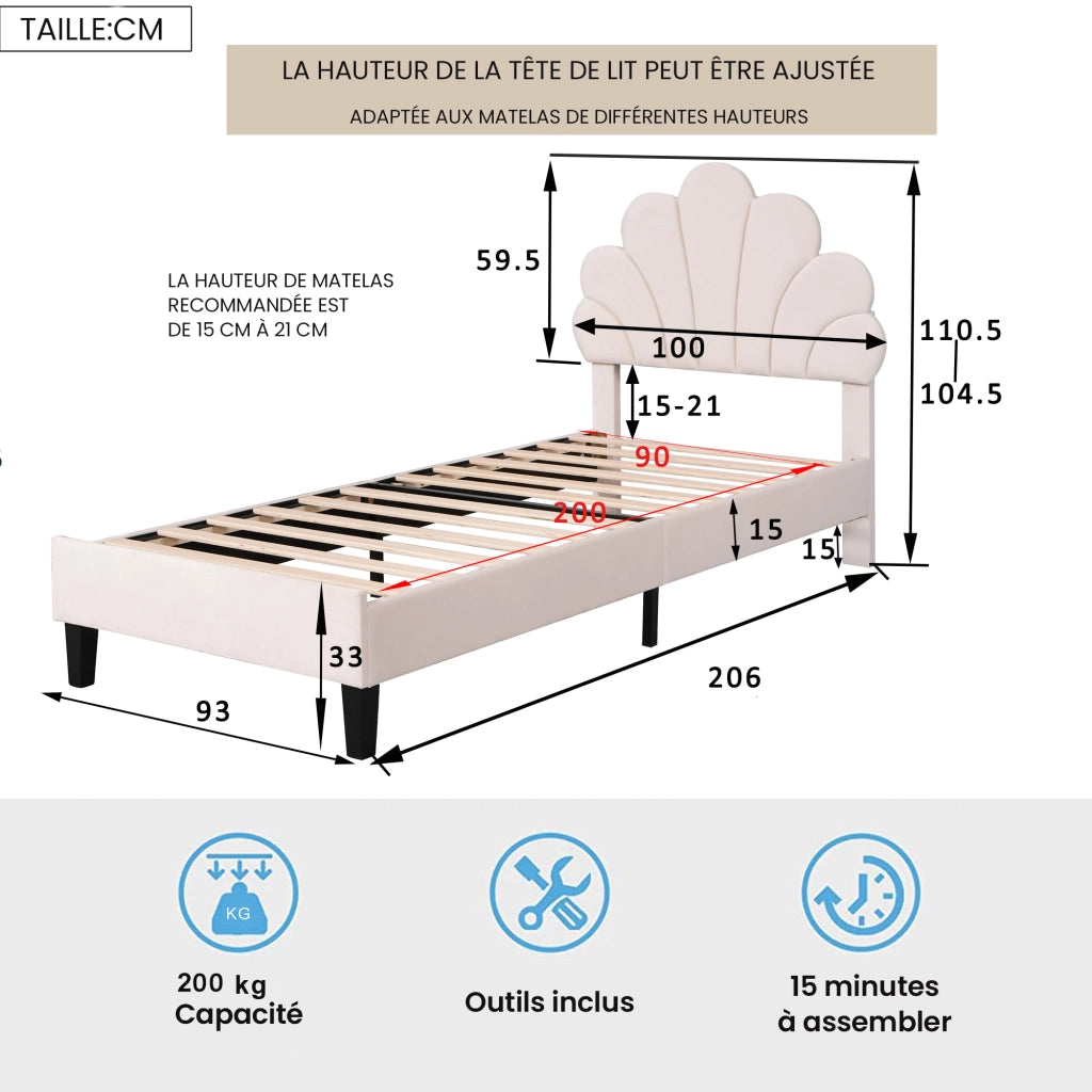 Letto Singolo 90×200 cm con Testiera a Fiore; Imbottito in Velluto; senza Materasso; Beige