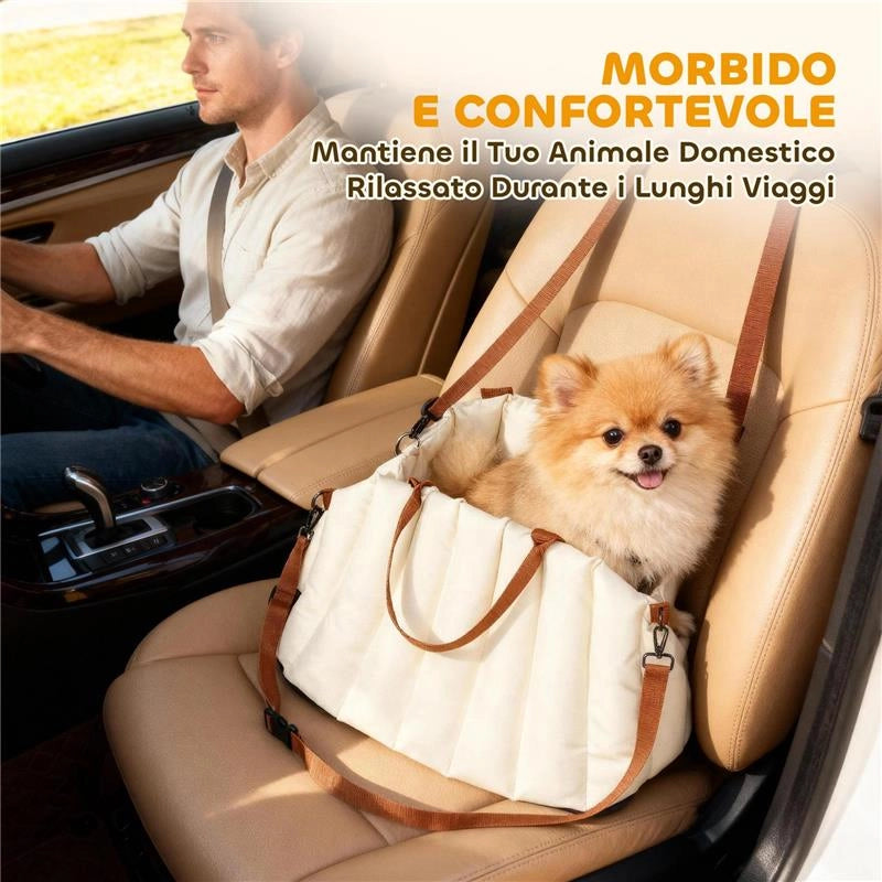 SEGGIOLINO AUTO PER CANI PICCOLI CON GUINZAGLIO E BASE ANTISCIVOLO, CONVERTIBILE IN BORSA PER ANIMALI, CREMA