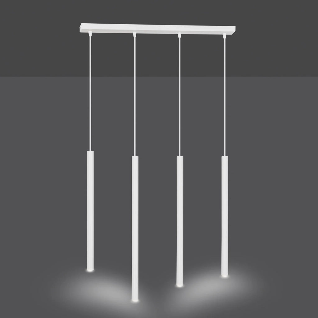 Lampadario 4 Luci Moderno Shu Acciaio Bianco E Paralumi A Cilindri Sottili