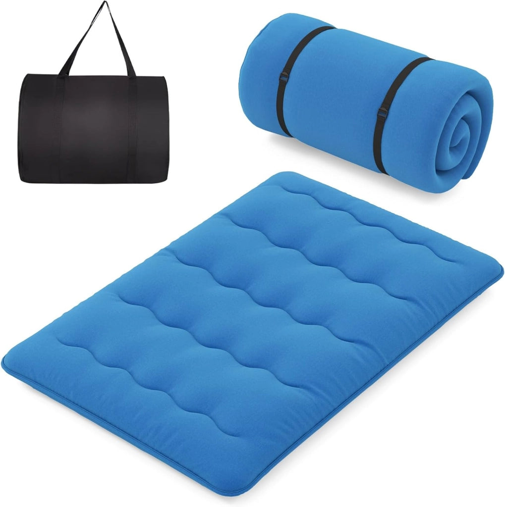 Materasso Futon Pieghevole, Materasso Portatile con Sacca da Trasporto per Camping, Materasso da Terra con Copertura Lavabile (200 x 140 cm, Blu)