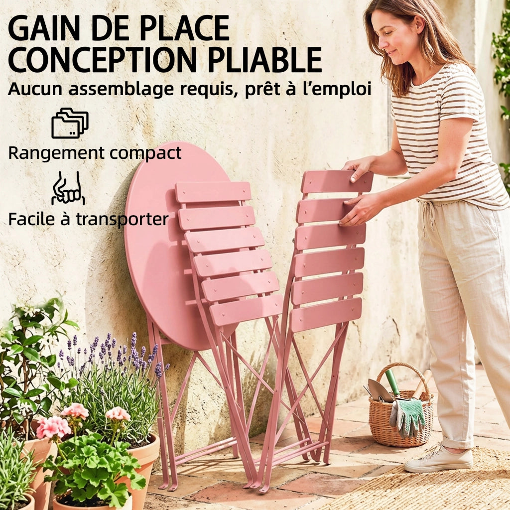 Set Giardino 3 Pezzi ¨C Minimal ¨C Tavolo e 2 Sedie Pieghevoli in Legno Rosa
