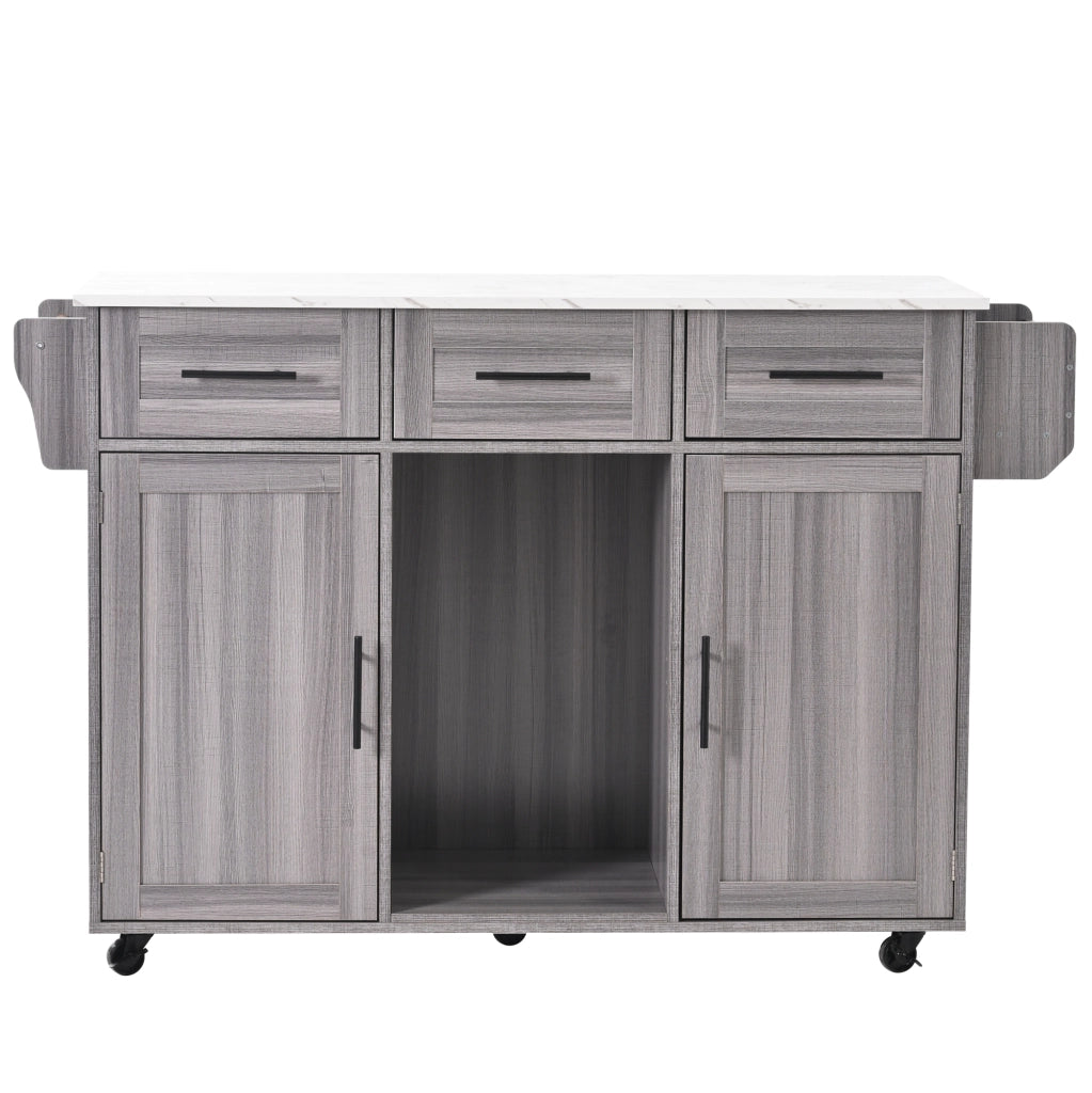 Carrello da cucina multifunzionale con piano ribaltabile, 3 cassetti e vani interni, grigio 139x46(71)x91,5 cm