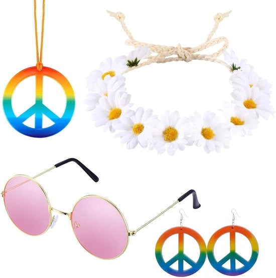 Set di costume hippie 5 pezzi - Occhiali retro, Collana con simbolo della pace e orecchini