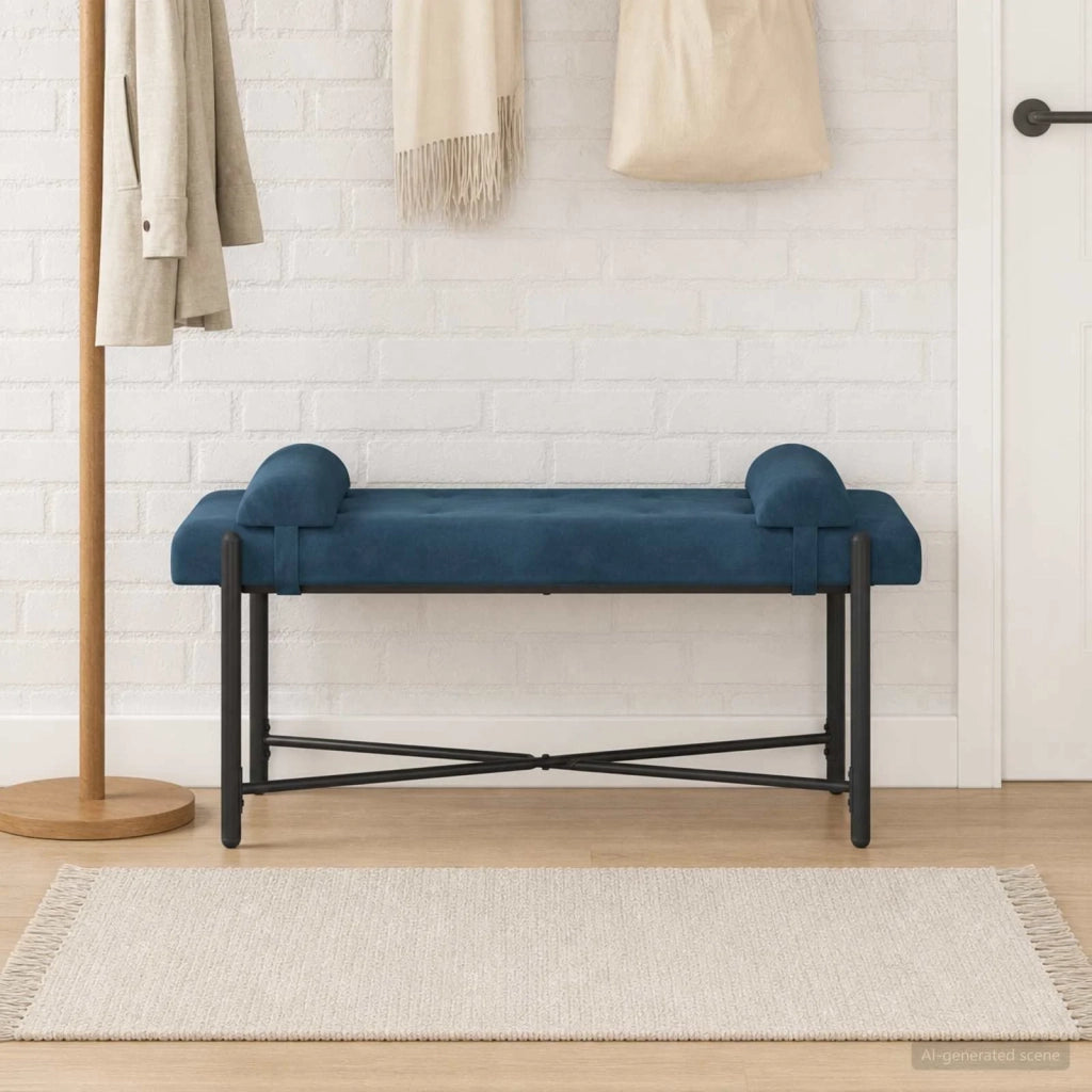 Panchina con bottoni e cuscini Blu 110 x 40 x 46 cm Velluto 42038394