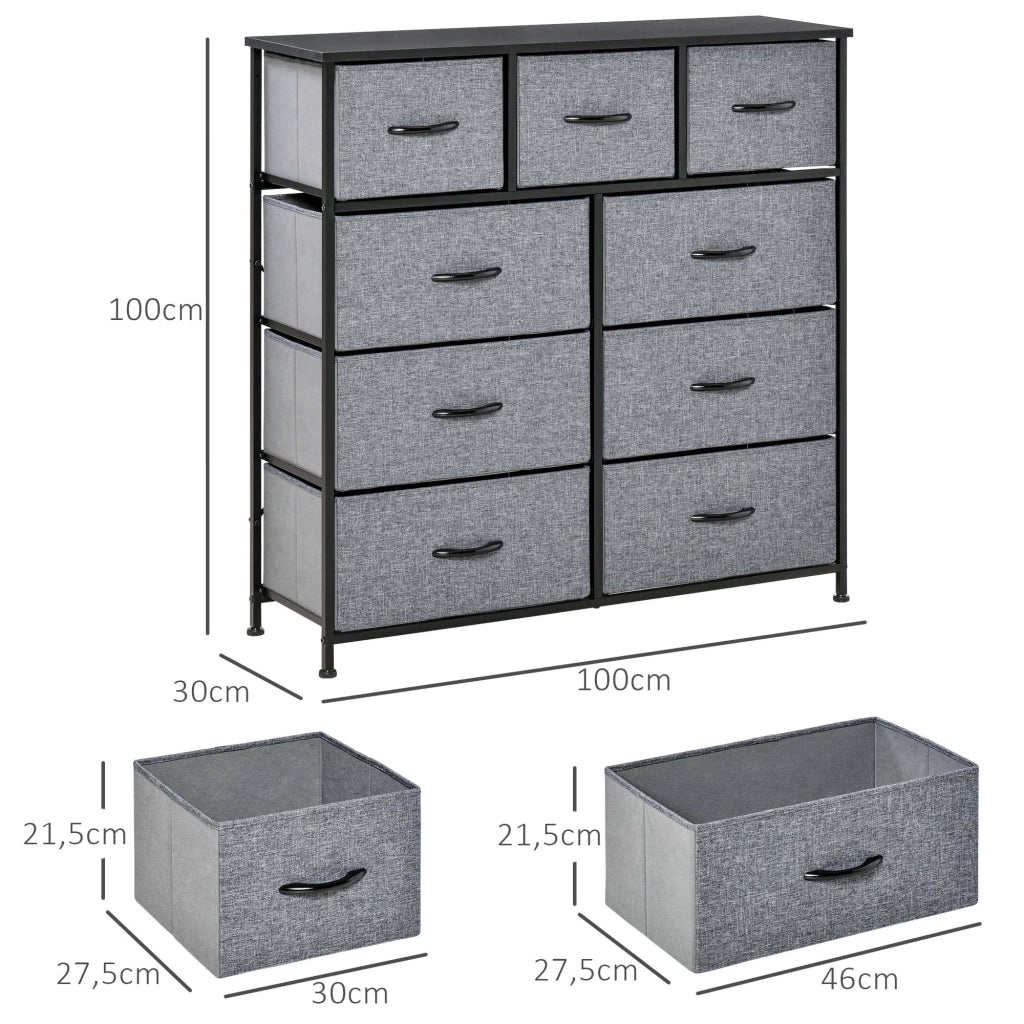 Cassettiera a 9 cassetti in tessuto ¨C zephmum ¨C nero e grigio 100x30x100 cm