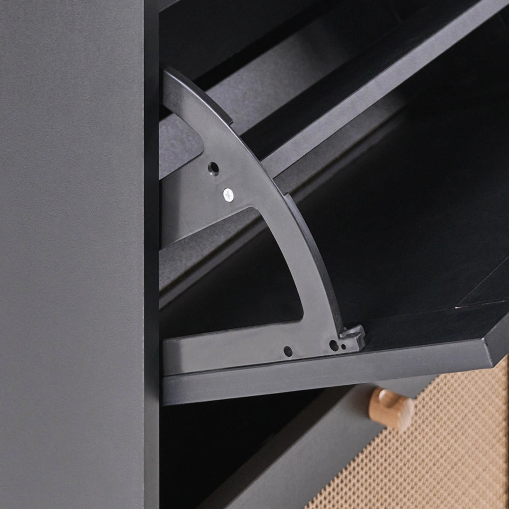 Armadietto porta scarpe in truciolato nero Rattan 4 scomparti Boho Design Hallway